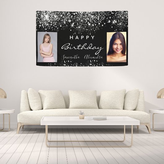 Birthday Black Foto Silber Glitzer Freunde Zwillin Banner