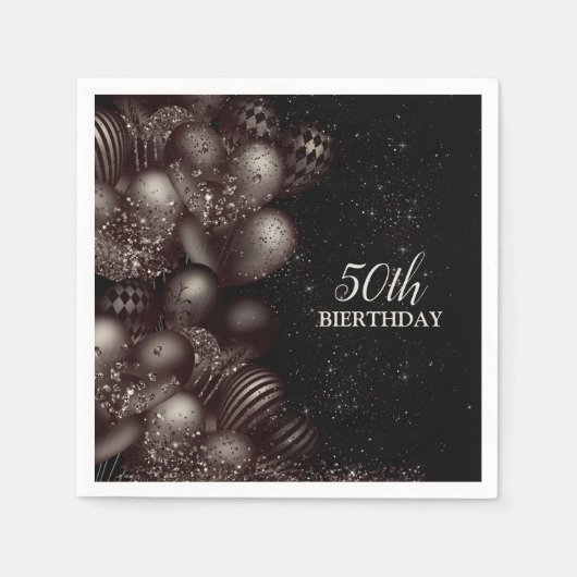 Birthday Black Glitzer Balloons Sparkle Party Serviette (Vorderseite)
