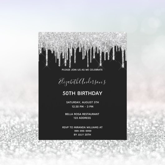 Birthday Black Glitzer Tropfen Einladung Postkarte