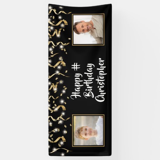 Birthday Black Gold 2 Foto Confetti Lights Banner (Vertikal)