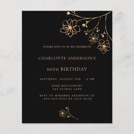 Birthday Black Gold Blumenbudget Einladung Flyer (Vorne)