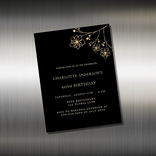 Birthday Black Gold Blumenmagnet Einladung