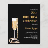 Birthday Black Gold Bubbly Wine Perlen Einladung (Vorderseite)