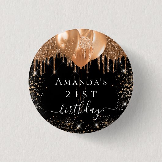 Birthday black gold glitter ballons name button (Vorderseite)