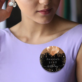 Birthday black gold glitter ballons name button
