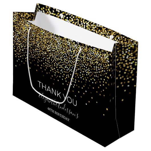 Birthday Black Gold Glitter Glamorous Thank You Große Geschenktüte (Vorderseite Schrägansicht)