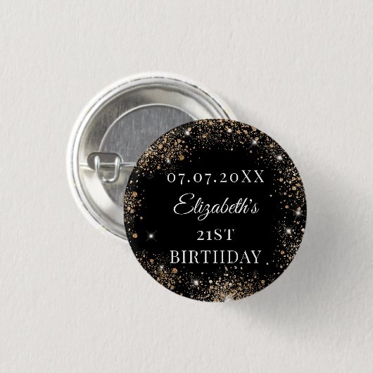 Birthday black gold glitter name date button (Vorne & Hinten)