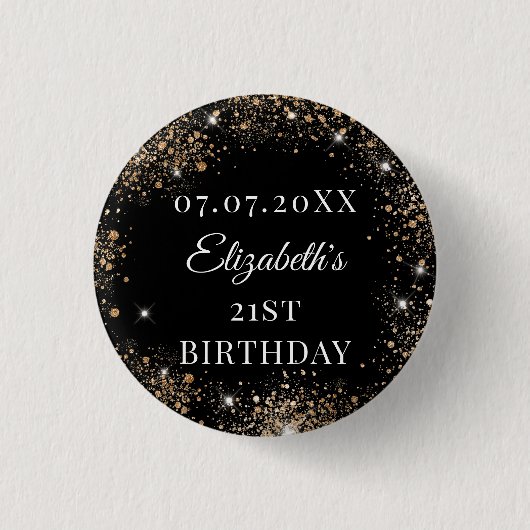 Birthday black gold glitter name date button (Vorderseite)