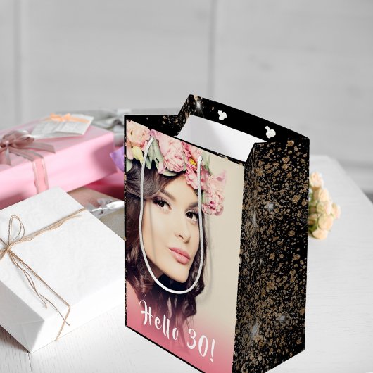 Birthday Black Gold Glitzer Foto Hallo 30 Mittlere Geschenktüte