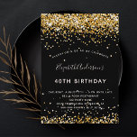 Birthday Black Gold Glitzer glamourös Einladung<br><div class="desc">Eine moderne,  stilvolle und glamouröse Einladung für eine 40. Geburtstagsfeier (oder jedes Alter). Ein schwarzer Hintergrund mit Imitaten vergoldeten Glitzer Staub. Der Name ist mit einem modernen handgeschriebenen Stilskript geschrieben. Personalisieren Sie Ihre Party-Daten und fügen Sie sie hinzu.</div>
