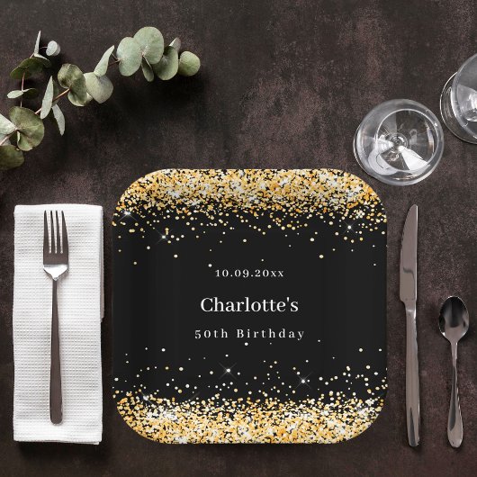 Birthday Black Gold Glitzer Name elegant Pappteller