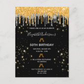 Birthday Black Gold Glitzer Silberglasur Einladung Postkarte (Vorderseite)