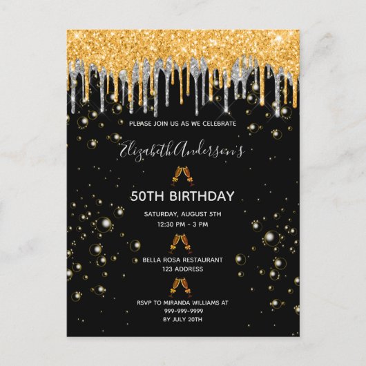 Birthday Black Gold Glitzer Silberglasur Einladung Postkarte (Vorderseite)
