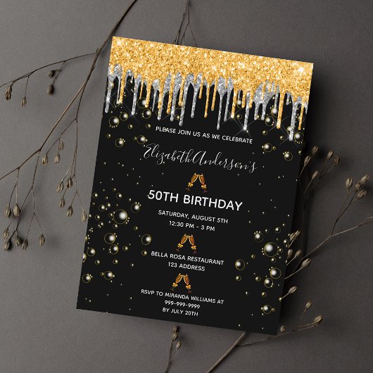 Birthday Black Gold Glitzer Silberglasur Einladung Postkarte