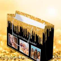 Birthday Black Gold Glitzer Tropfen Foto Name