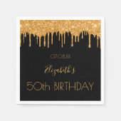 Birthday Black Gold Glitzer Tropfen Name Serviette (Vorderseite)