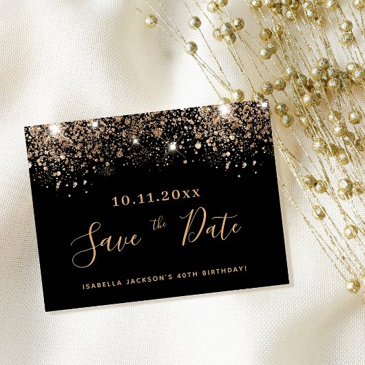 Birthday Black Gold Glitzer Tropfen Save the Date Postkarte