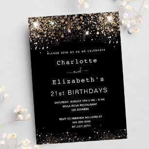 Birthday Black Gold Glitzer zwei Personen Freunde Einladungspostkarte