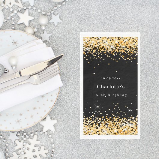 Birthday Black Gold Konfetti Name Serviette