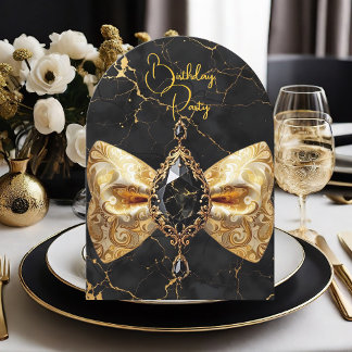 Birthday Black Gold Marmor Jewel Paisley Bow Einladung