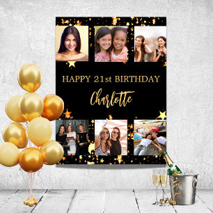 Birthday Black Gold Stars Foto Collage Poster