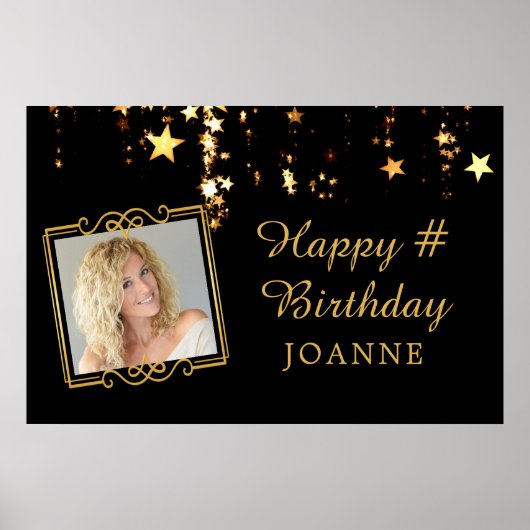 Birthday Black Gold Stars Foto Personalisiert Poster (Vorne)
