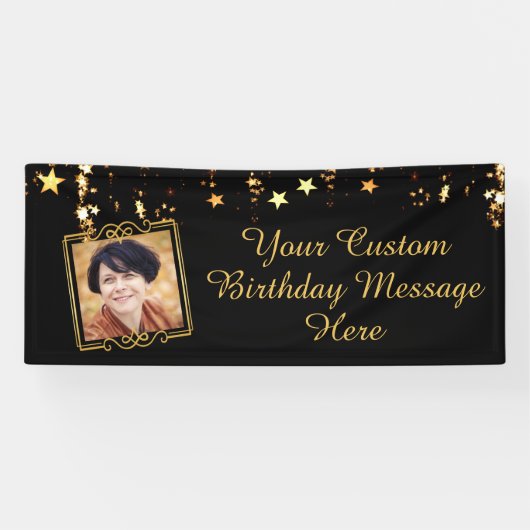 Birthday Black Gold Stars Foto Skript Custom Text Banner (Horizontal)