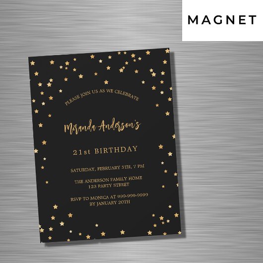 Birthday Black Gold Stars Party Luxus Magneteinladung