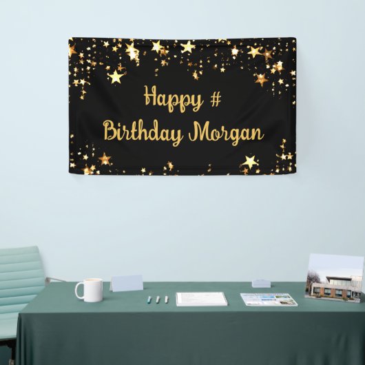Birthday Black Gold Stars Script Personalisiert Banner (Messeveranstaltung)