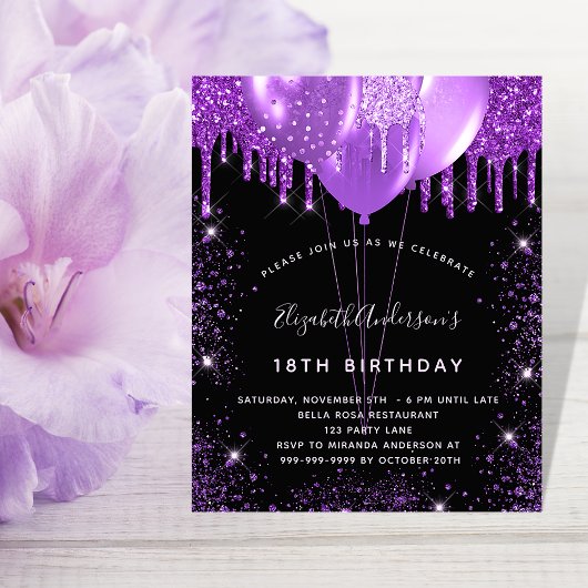 Birthday Black lila Glitzer Einladung Flyer