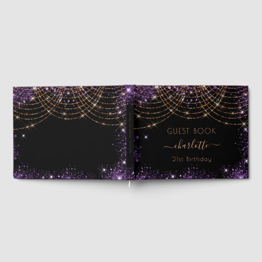 Birthday Black lila Gold Glitzer Staubname Gästebuch (Voll)