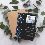 Birthday Black Marine Blue Foto Premium Einladung<br><div class="desc">Modernes,  elegantes und einladendes Hotel. Ein schwarzer Hintergrund mit blauen Konfetti. Personalisieren und fügen Sie Foto,  einen Namen und Party Details. Weißer Text.</div>