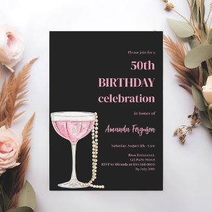 Birthday Black Pink Schaumwein Perlen Einladung
