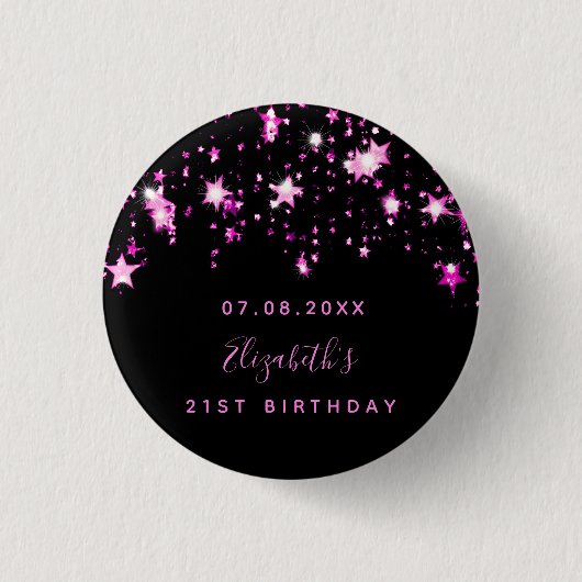 Birthday Black Pink Stars Name Button (Vorderseite)