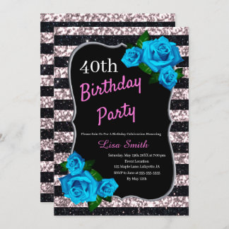 Birthday Black Pink Stripes Glitzer Blau Rose Einladung