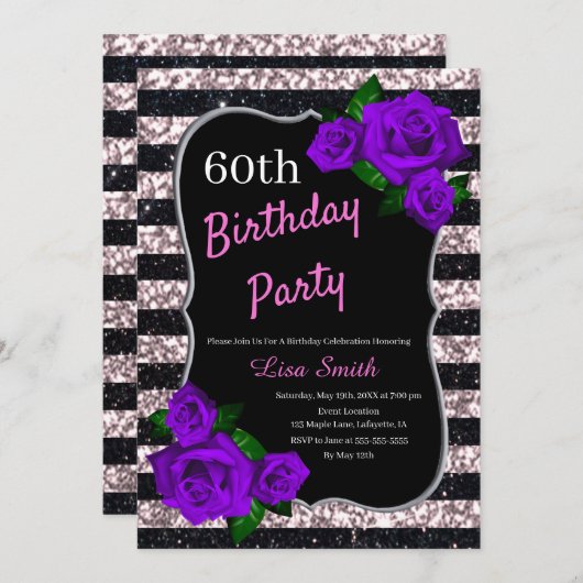 Birthday Black Pink Stripes Glitzer Lila Rose Einladung (Vorne/Hinten)