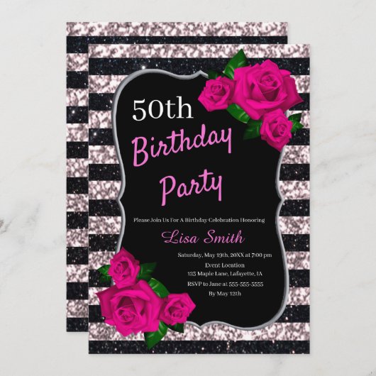 Birthday Black Pink Stripes Glitzer Roses Einladung (Vorne/Hinten)