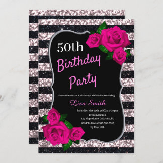 Birthday Black Pink Stripes Glitzer Roses Einladung