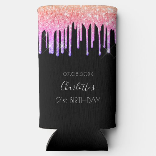 Birthday Black roink lila Glitzer Tropfen Party Selters Dosenkühler (Rückseite)