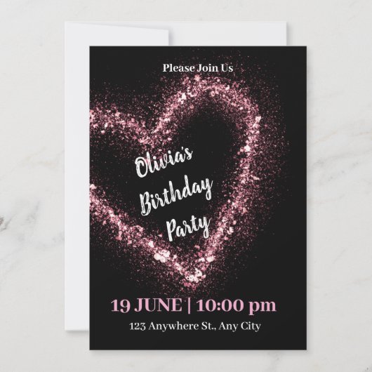 Birthday Black Rose Glitzer Einladung (Vorderseite)