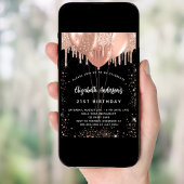Birthday Black Rose Gold Glitzer Ballons Luxus Einladung