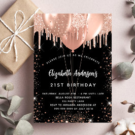 Birthday Black Rose Gold Glitzer Ballons Luxus Einladung