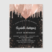 Birthday Black Rose Gold Glitzer Ballons Luxus Magneteinladung (Vorderseite)
