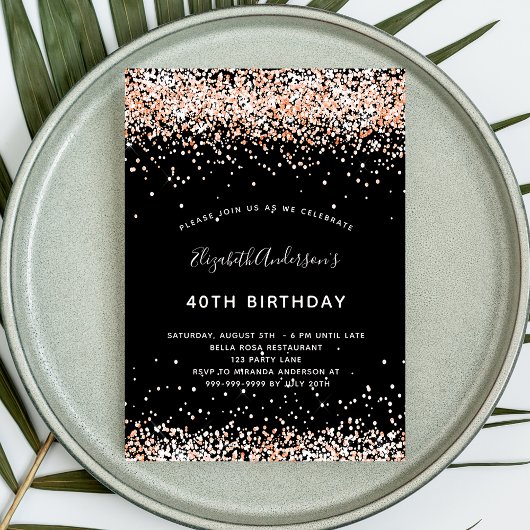 Birthday Black Rose Gold Glitzer Einladung