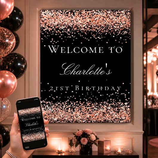 Birthday Black Rose Gold Glitzer Empfang Poster