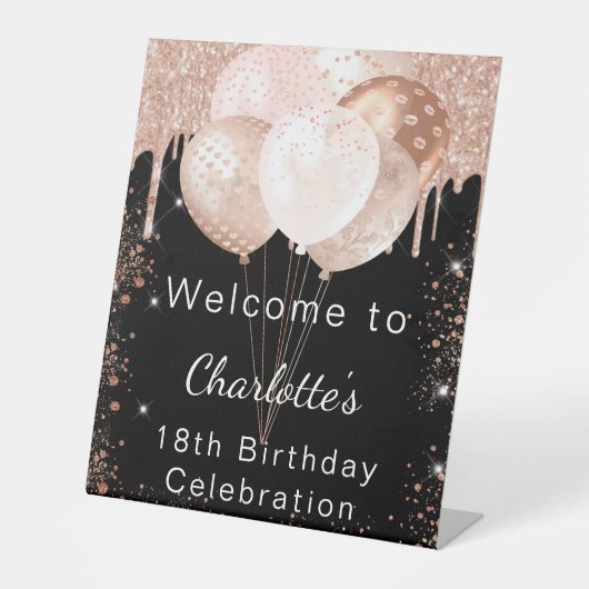 Birthday Black Rose Gold Glitzer Party Empfang Sockelschild (Vorderseite)