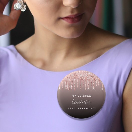 Birthday Black Rose Gold Glitzer Tropfen Name Button