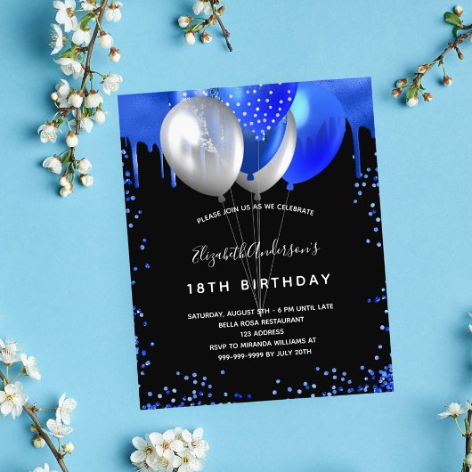 Birthday Black Royal Blue Einladung Flyer
