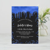 Birthday Black Royal Blue Tropfen Einladung (Stehend Vorderseite)