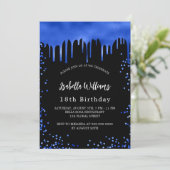 Birthday Black Royal Blue Tropfens Luxus Einladung (Stehend Vorderseite)